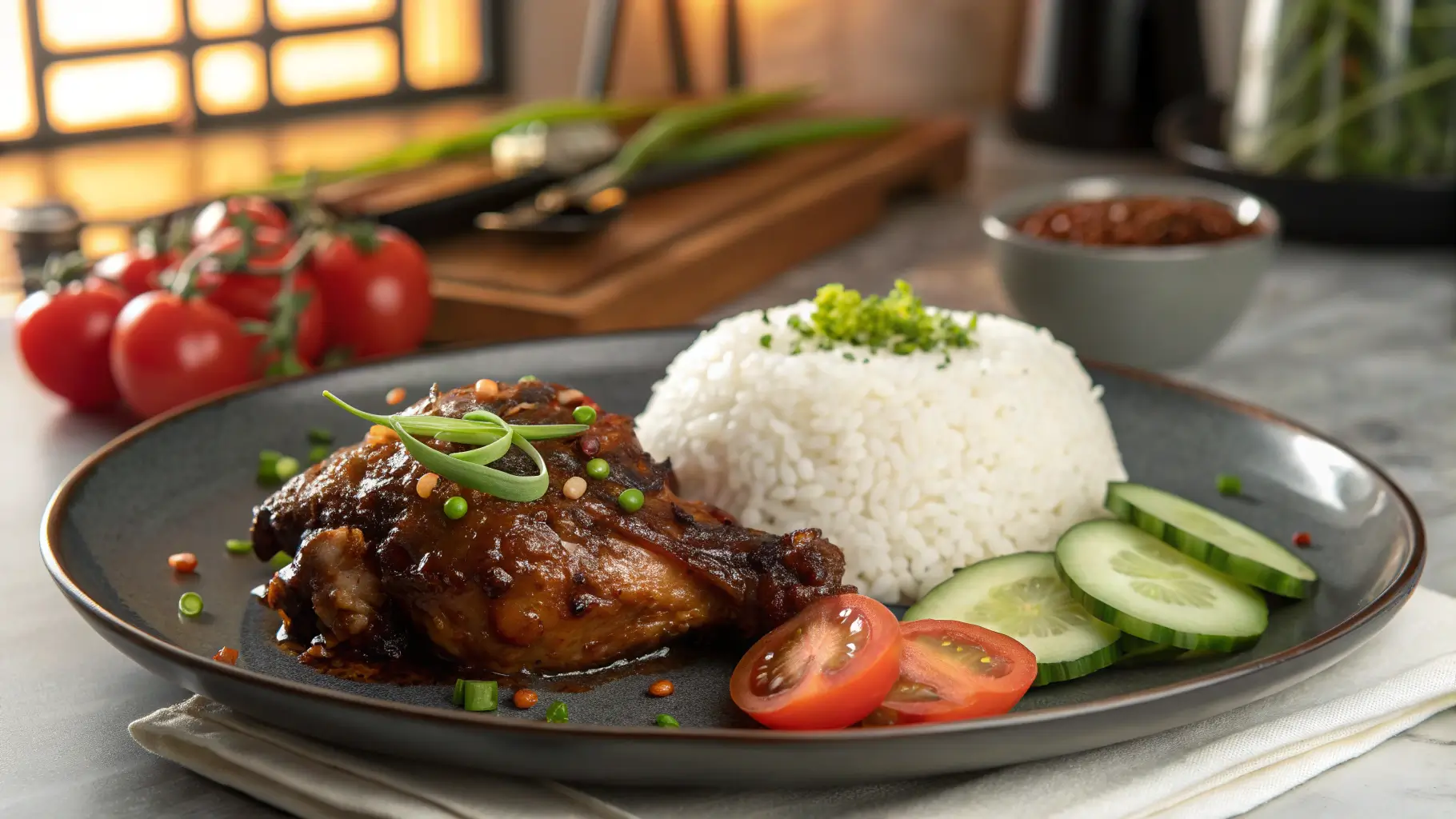Plated Filipino Chicken Adobo with rice, garnished with green onions, served in a modern kitchen setting.