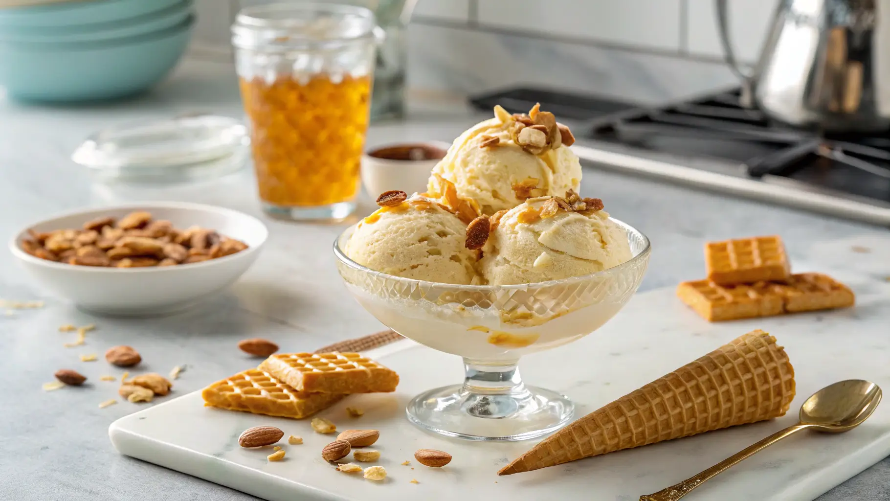 Scoops of Almond Honey Crunch Ice Cream topped with honey drizzle and almond brittle in a modern kitchen setting.