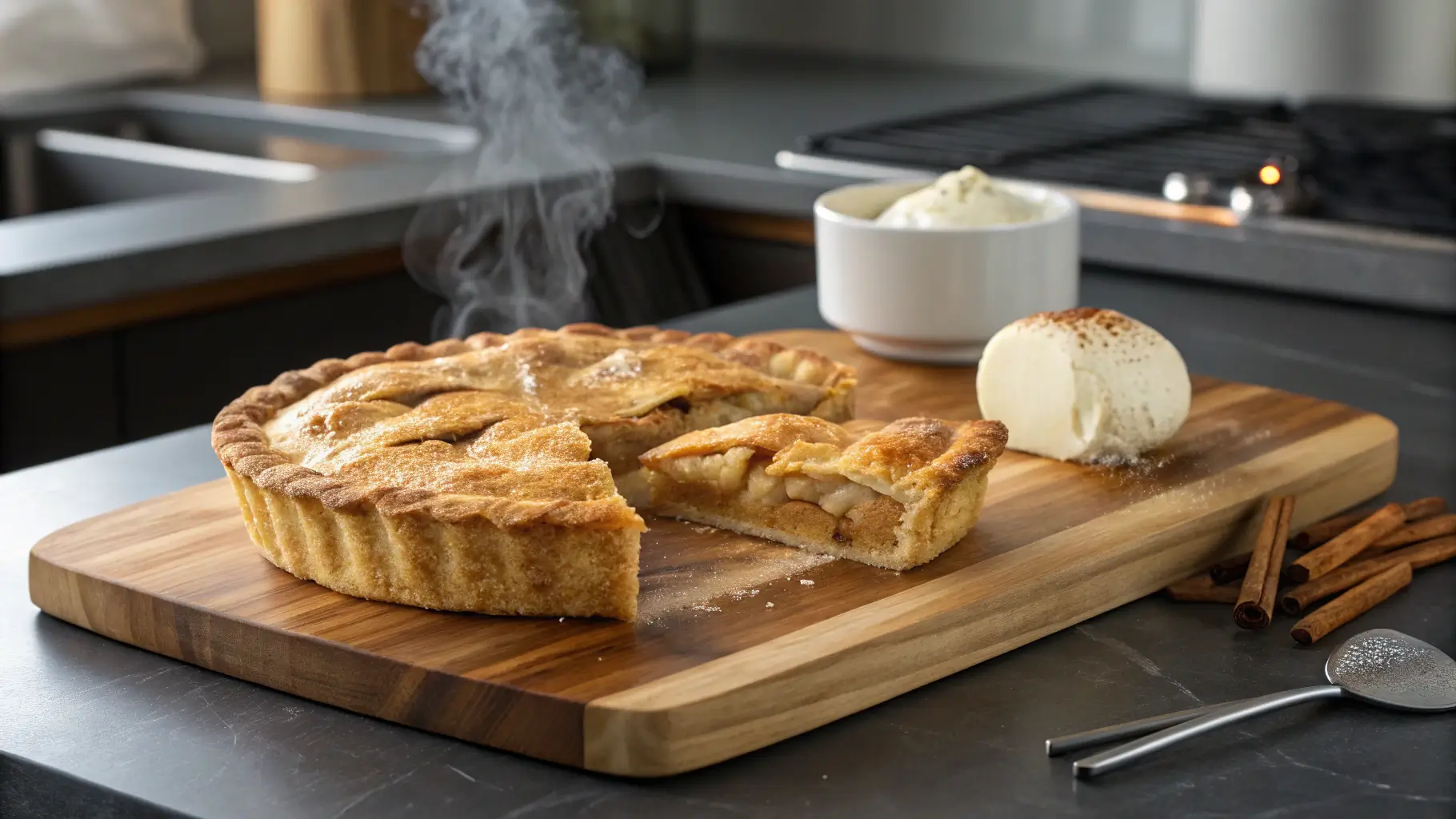 Freshly baked apple pie with cinnamon crust, sliced to reveal spiced apple filling, served with vanilla ice cream.