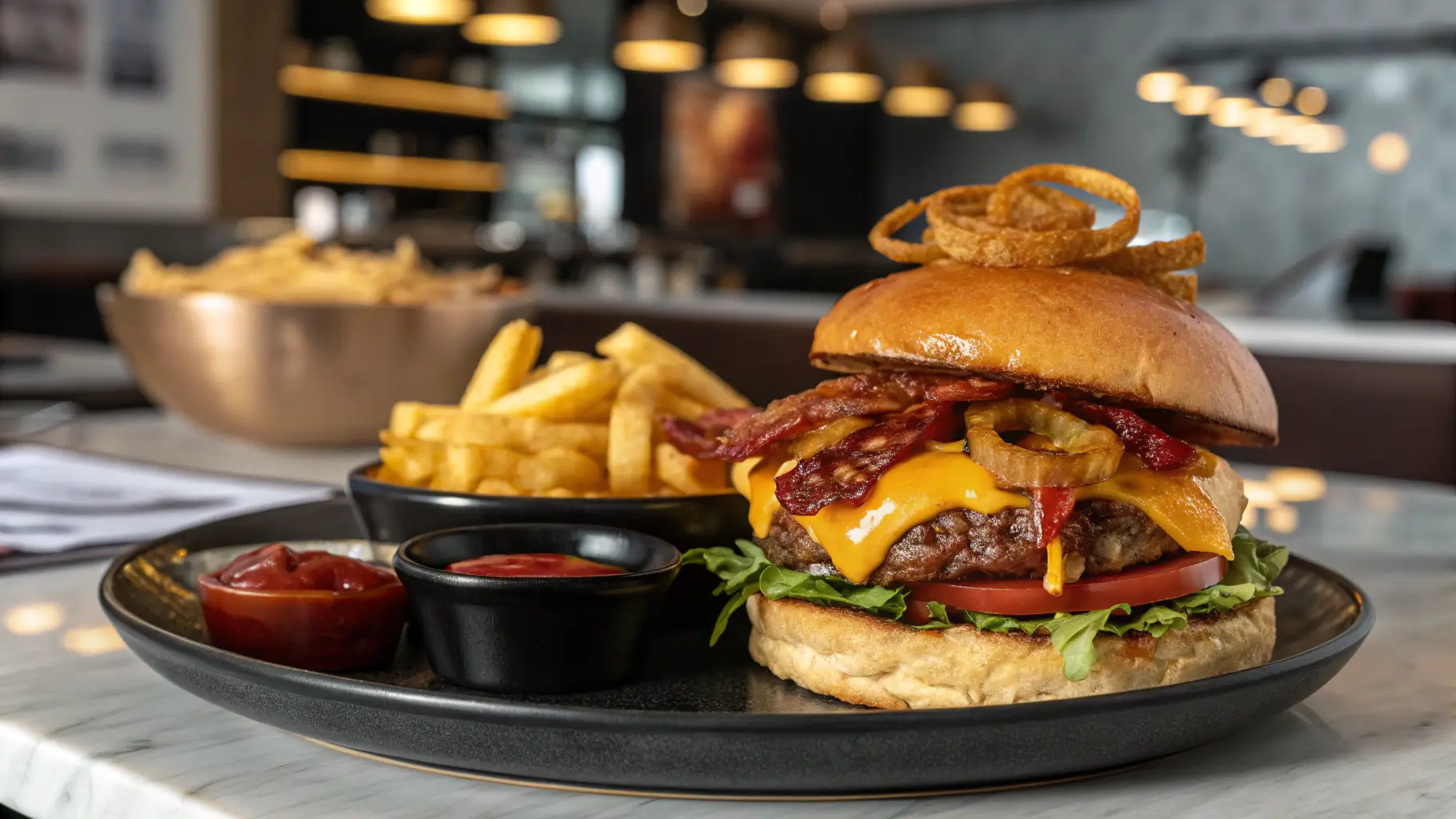 A plated BBQ Bacon Cheeseburger with fries and dipping sauce in a modern kitchen, stacked with beef, bacon, cheddar, lettuce, tomato, onion, and BBQ sauce.