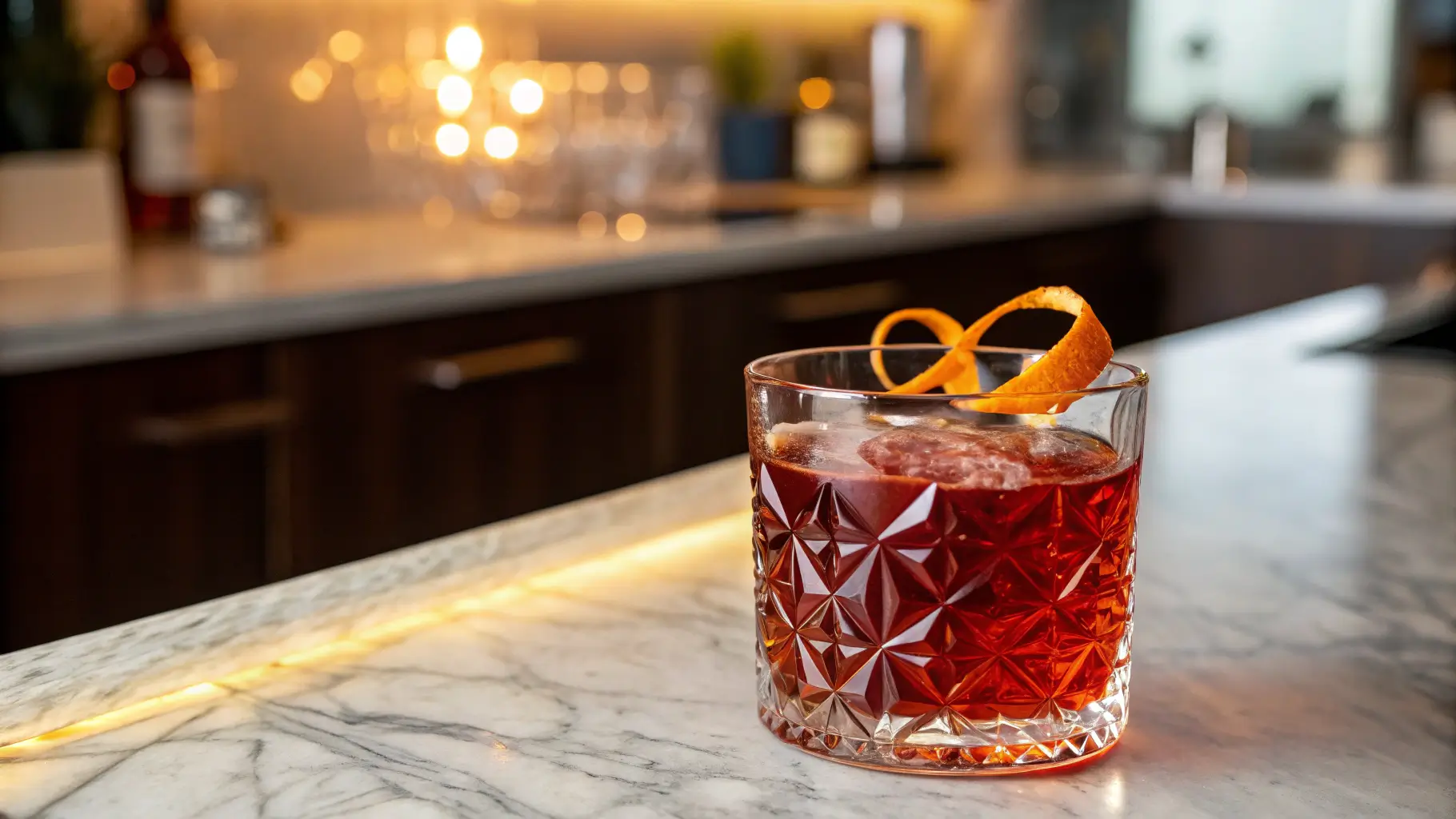 A Boulevardier cocktail served in a crystal glass with ice and an orange twist garnish on a marble counter in a modern kitchen.