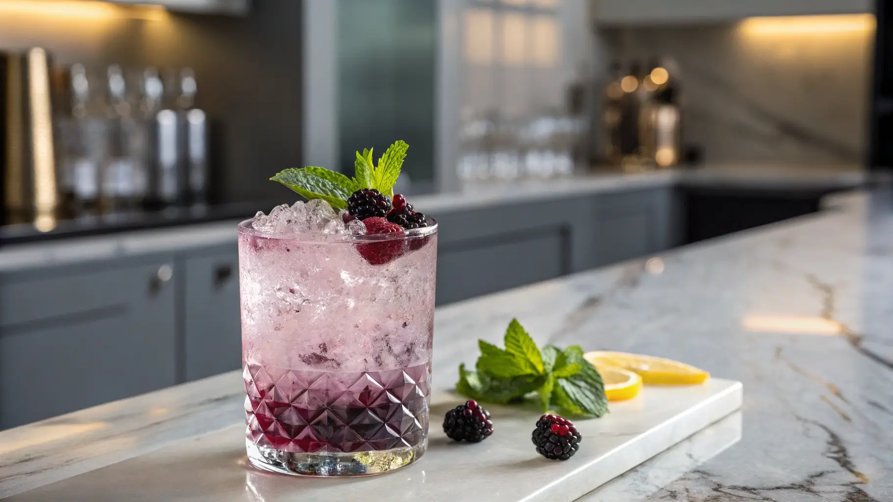 A Bramble Cocktail in a crystal glass with crushed ice, blackberries, mint, and lemon garnish in a modern kitchen setting.