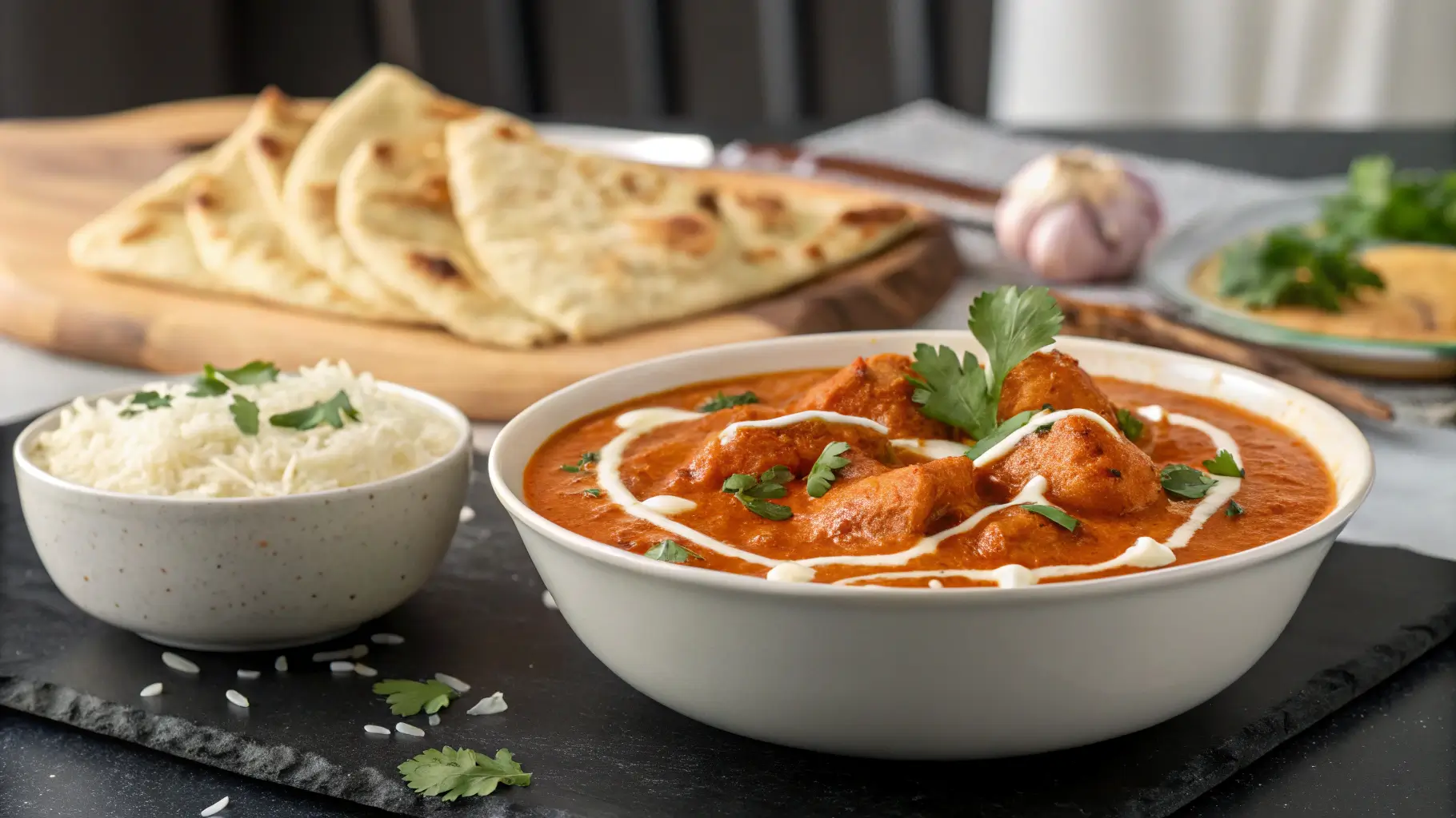 Plated butter chicken with cream swirls and coriander, served with naan and rice in a modern kitchen.