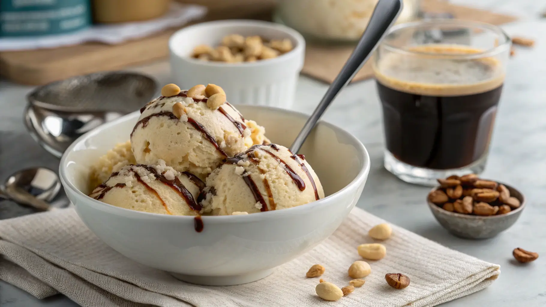 A bowl of Cashew Creamy Swirl Ice Cream with chocolate ribbons, chopped cashews, and chocolate drizzle in a modern kitchen.