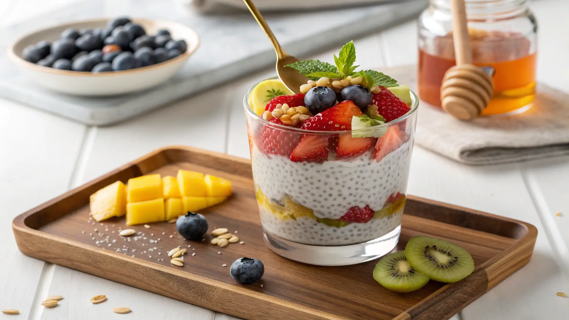 A glass of chia seed pudding topped with strawberries, blueberries, kiwi, mango, and honey in a modern kitchen.