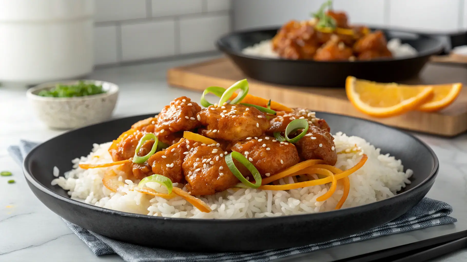 A plated serving of Chinese Orange Chicken with rice, topped with sesame seeds, green onions, and orange zest in a modern kitchen.