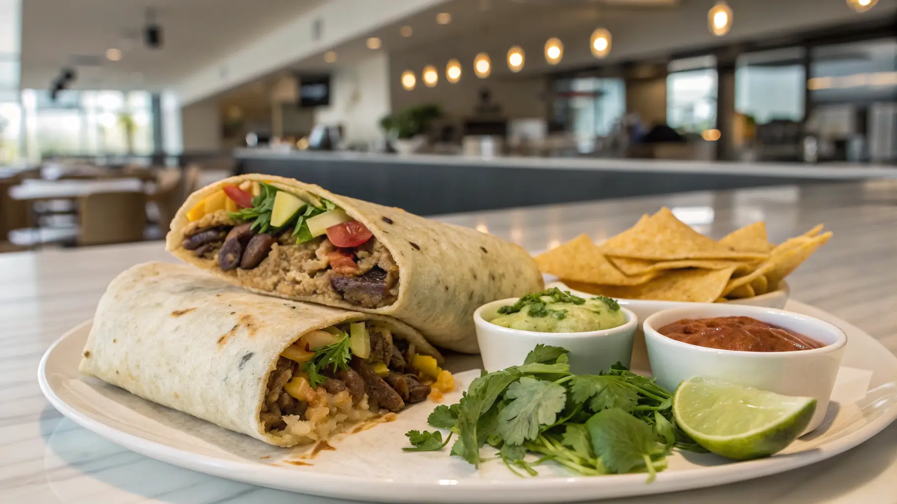 A plated Chipotle Beef Burrito cut in half, served with chips, guacamole, and salsa in a modern kitchen.