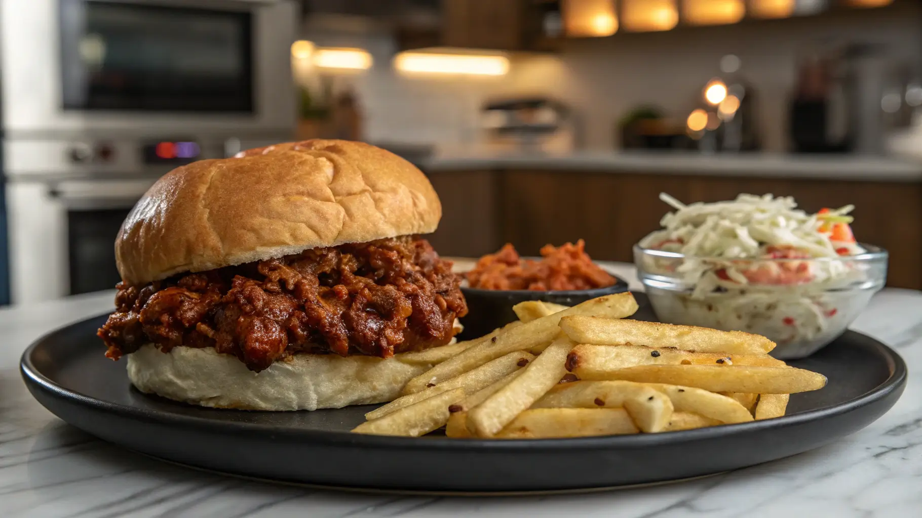 A Classic Sloppy Joe on a toasted bun with fries and a pickle, served in a modern kitchen.