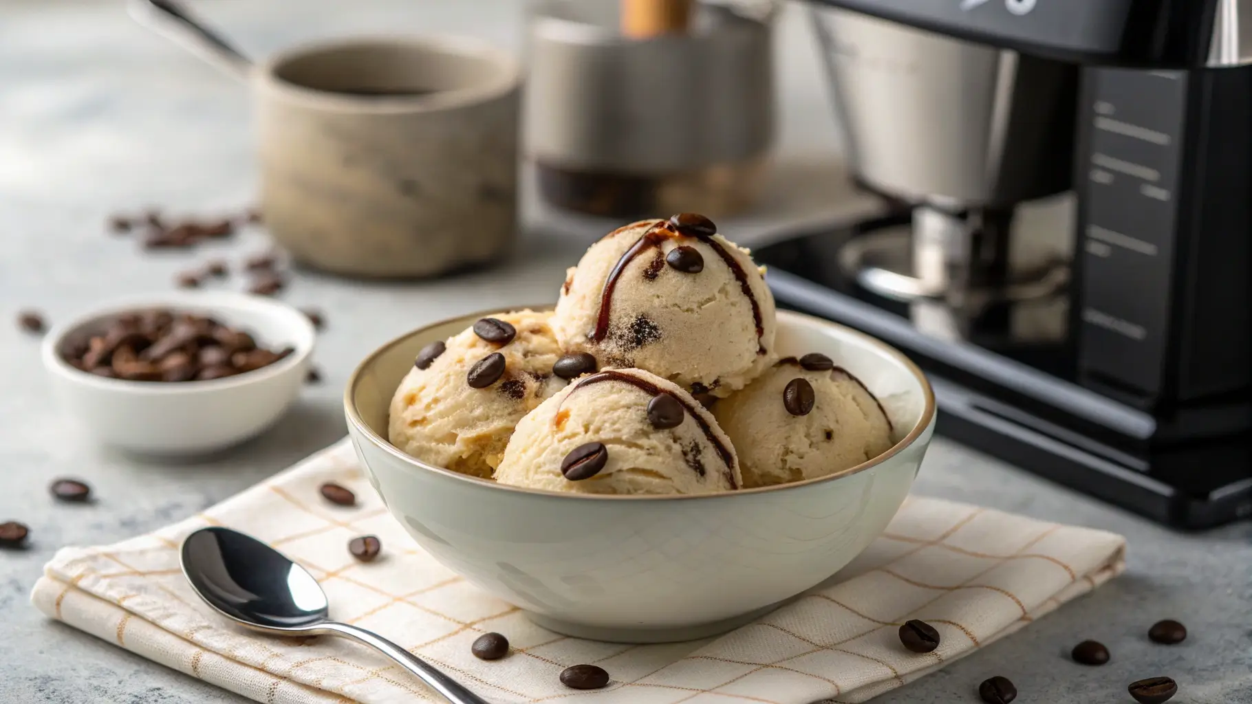 A bowl of Espresso Bean Cream Ice Cream topped with espresso beans and chocolate drizzle in a modern kitchen.