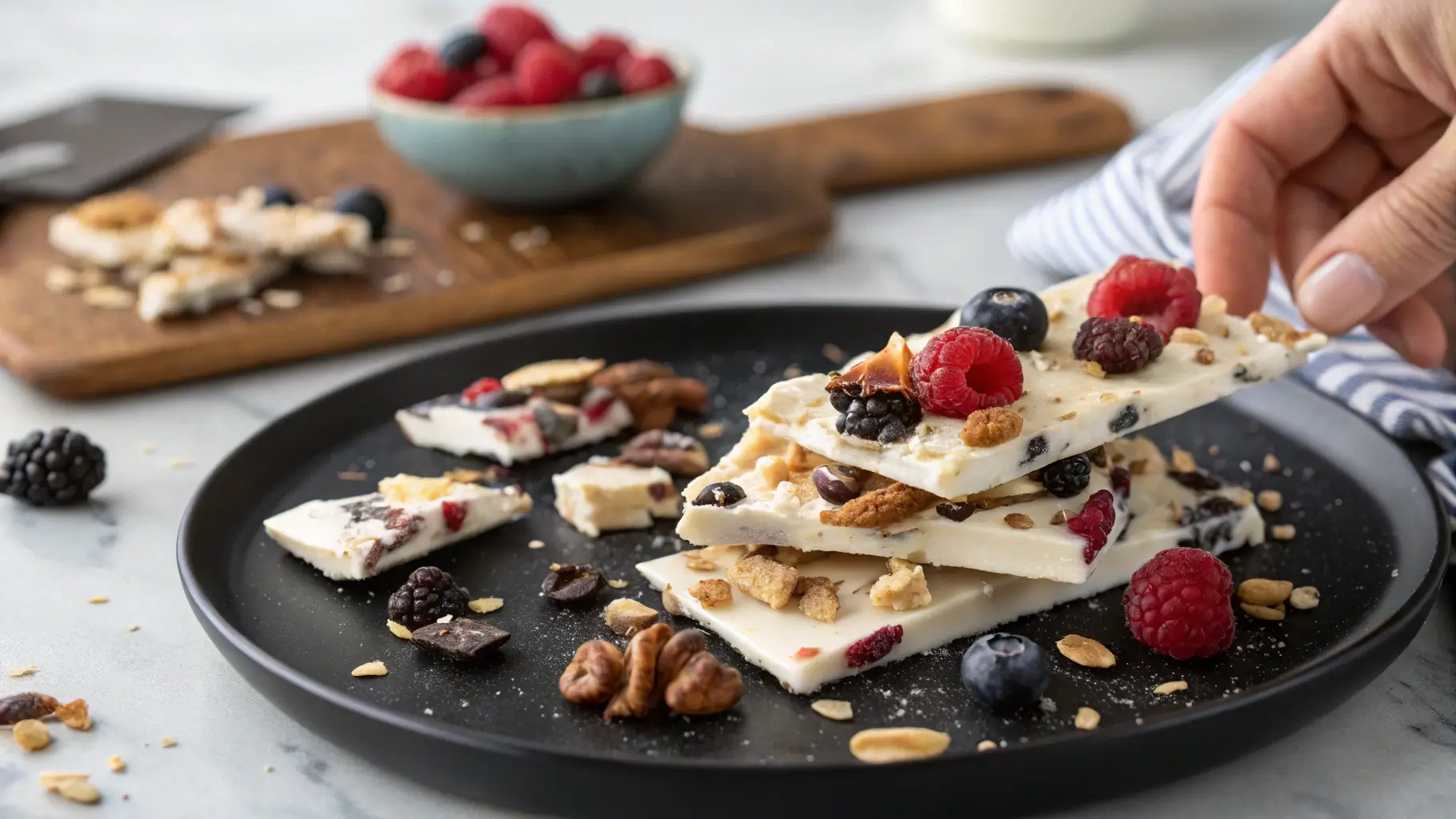 Frozen Yogurt Bark pieces served on a plate with frozen berries, nuts, granola, and chocolate chips in a modern kitchen.