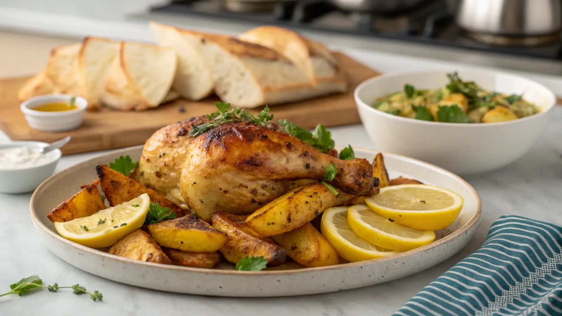 Plated Greek Lemon Chicken with Potatoes garnished with fresh herbs and lemon slices, served with tzatziki in a modern kitchen.