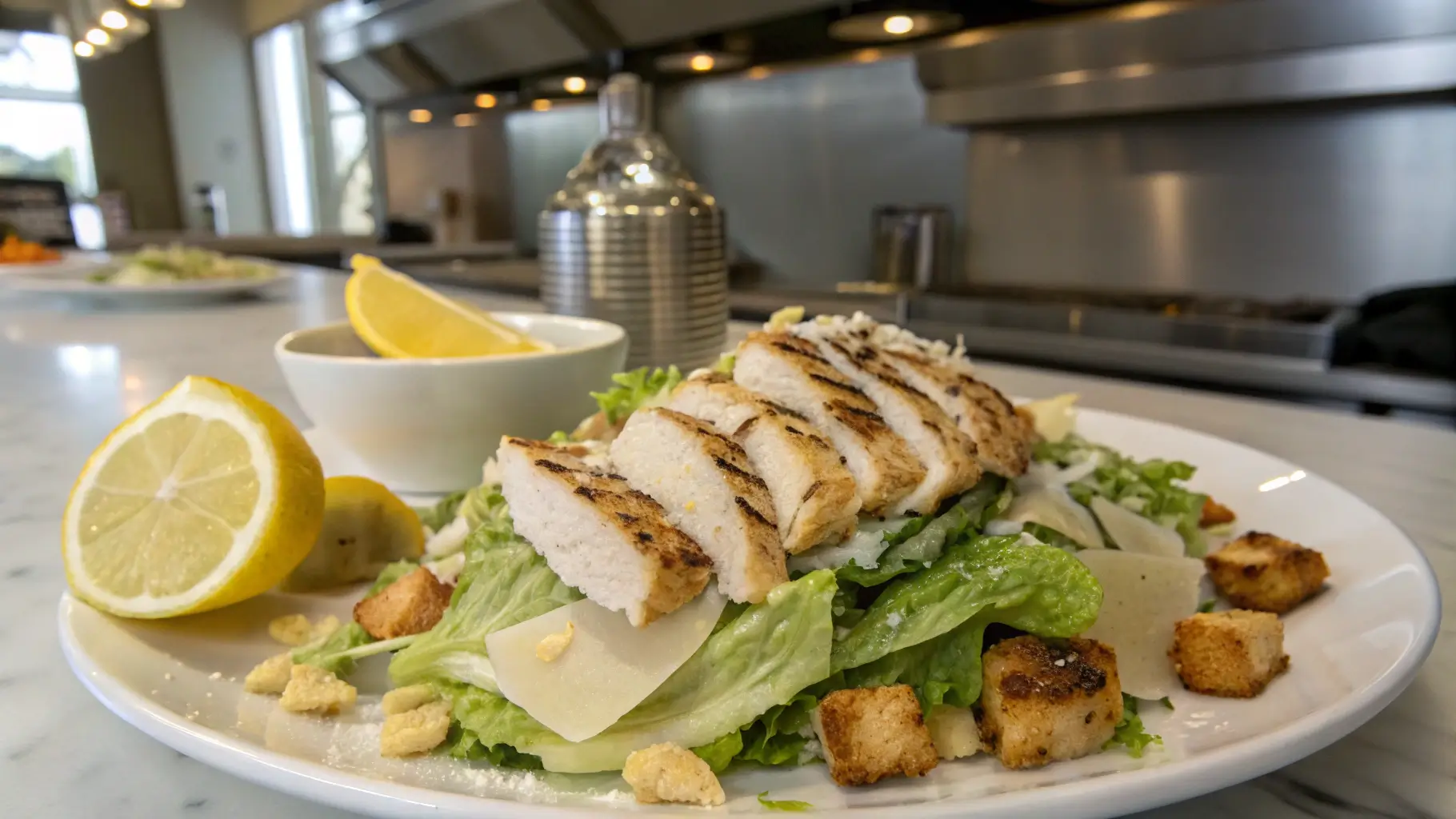Plated Grilled Chicken Caesar Salad with sliced grilled chicken, romaine lettuce, Parmesan, croutons, and lemon wedges in a modern kitchen setting.