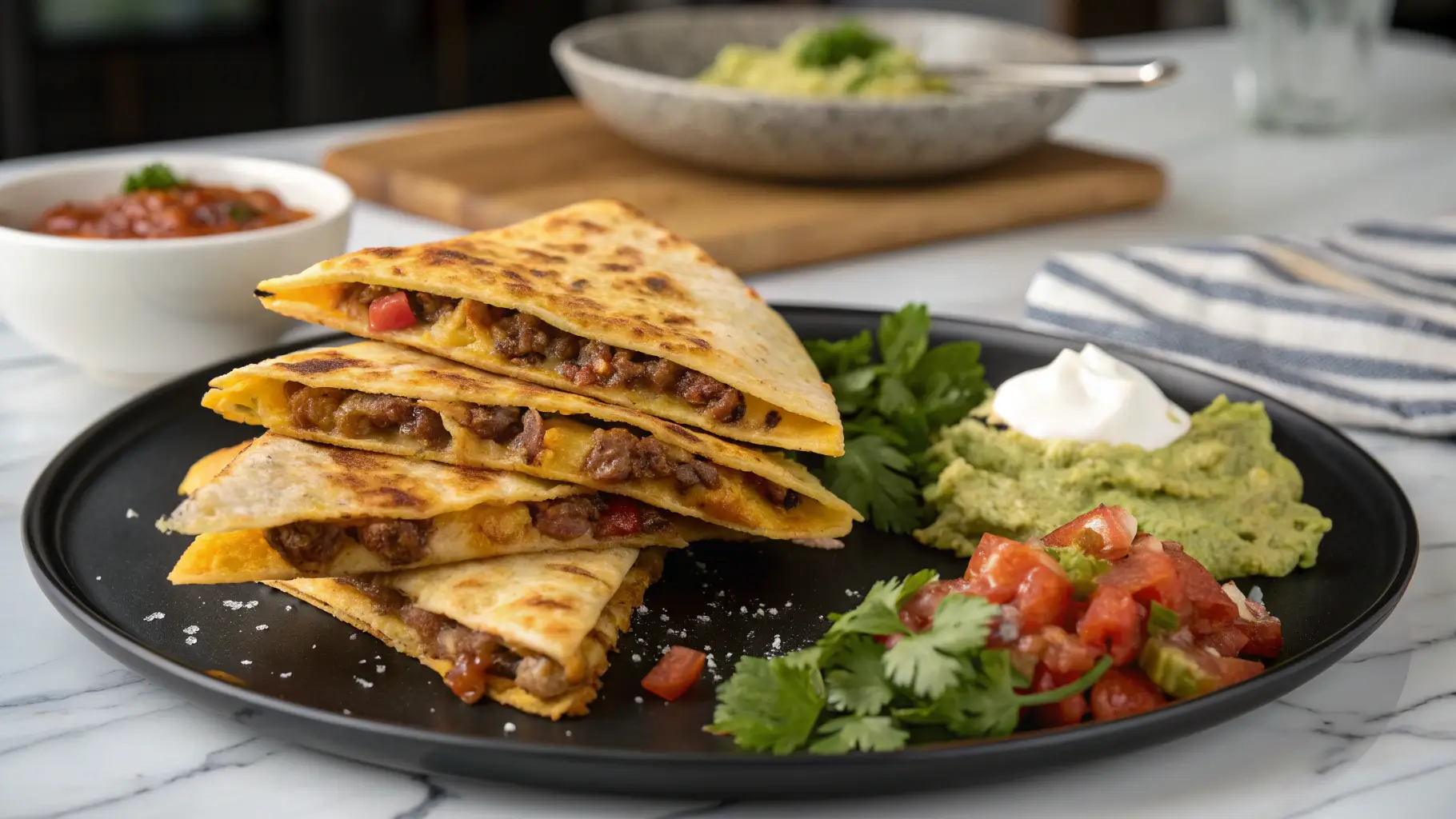 Plated ground beef quesadillas with melted cheese, served with salsa, sour cream, and guacamole in a modern kitchen.