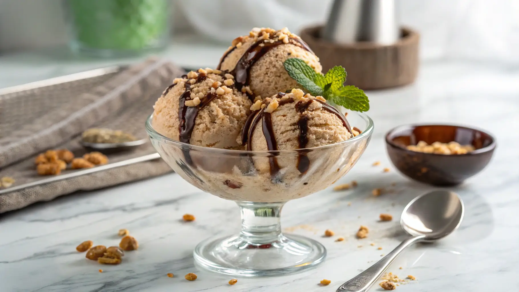 A scoop of Hazelnut Heaven Ice Cream topped with chocolate sauce, hazelnuts, and mint in a crystal bowl in a modern kitchen.