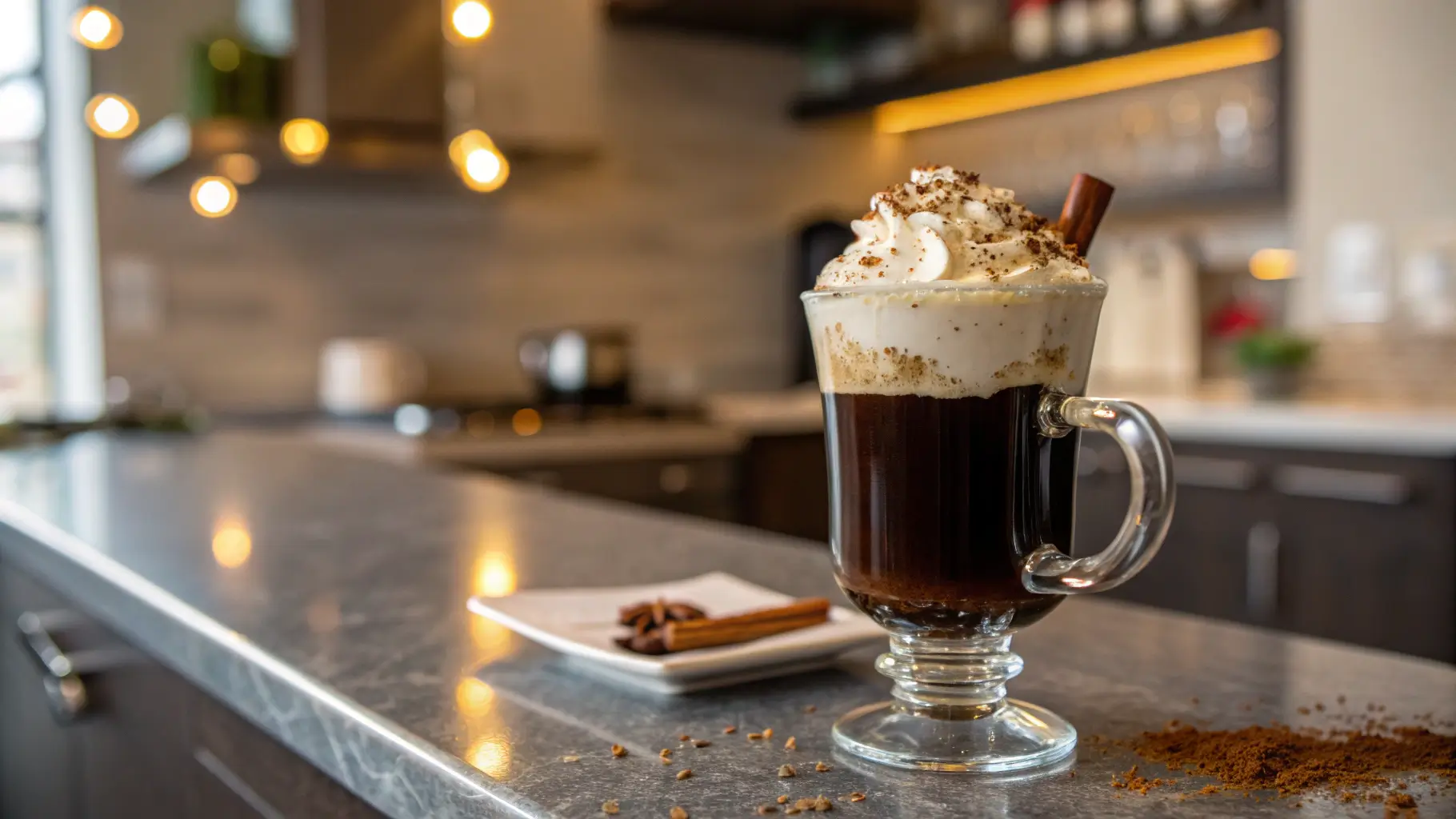 A glass mug of Irish Coffee with whipped cream topping, cocoa powder, and cinnamon garnish in a modern kitchen.