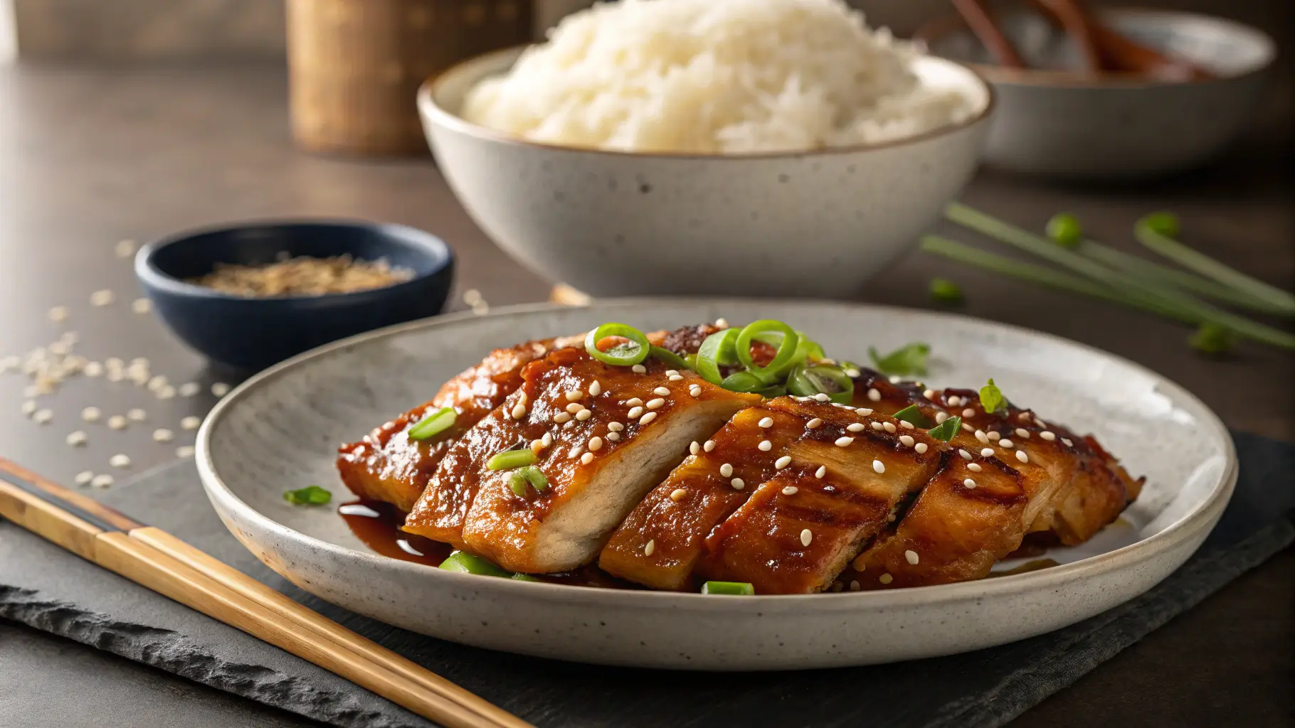 A plated Japanese Teriyaki Chicken dish with sesame seeds, scallions, and rice in a modern kitchen.