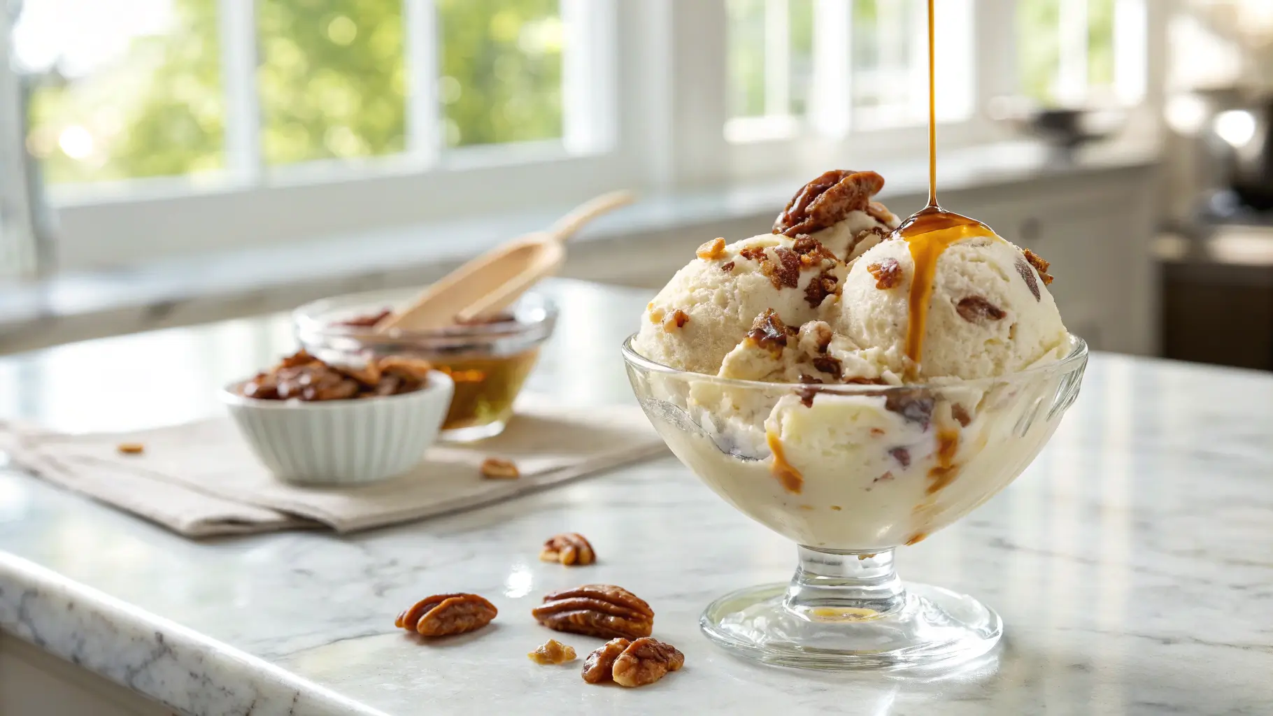 A frosted glass bowl of creamy Maple Pecan Love Ice Cream topped with maple syrup and roasted pecans in a bright modern kitchen.