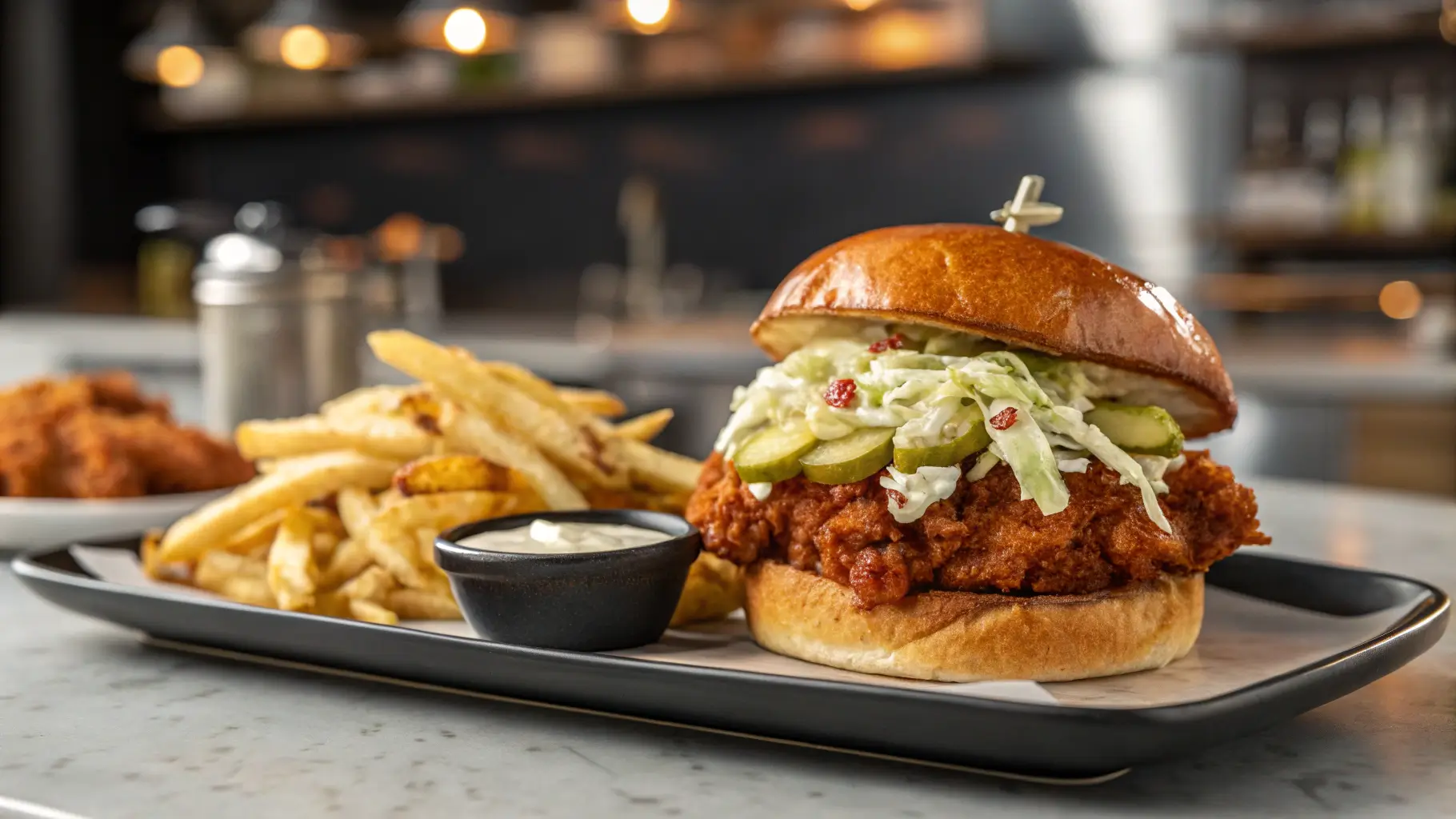 Nashville Hot Chicken Sandwich with crispy fries and sauce, plated in a modern kitchen.