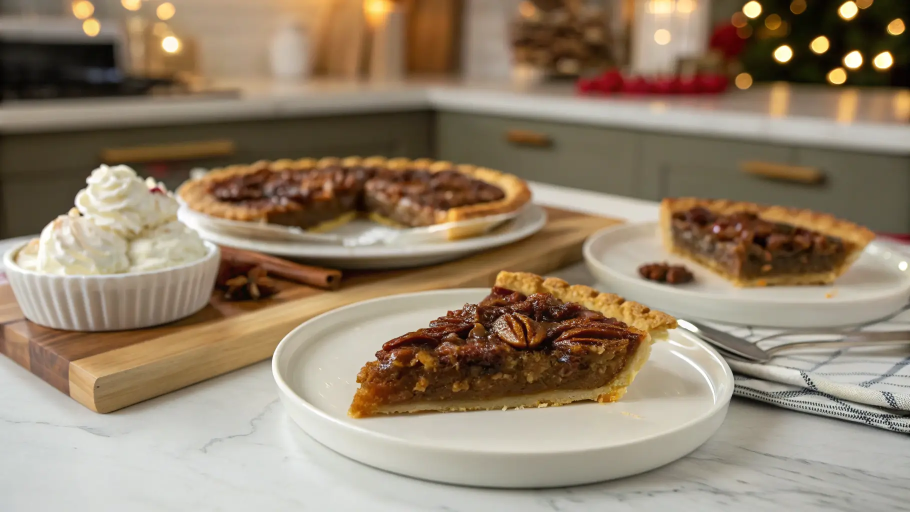 A plated slice of pecan pie topped with whipped cream, with the full pie in the background in a modern kitchen.