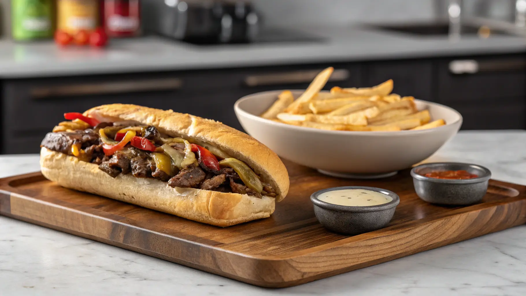 A Philly Cheesesteak Sandwich plated with fries, loaded with steak, onions, peppers, mushrooms, and melted provolone cheese in a modern kitchen.