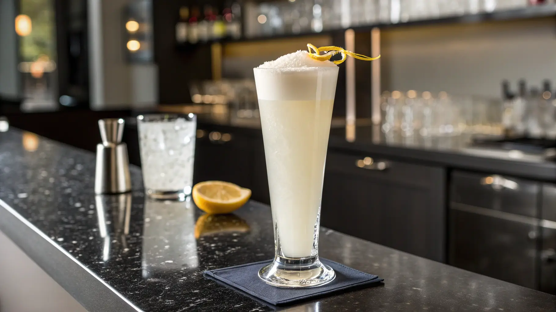 A tall glass of Ramos Gin Fizz with frothy foam rising above the rim, garnished with a lemon twist in a modern kitchen.