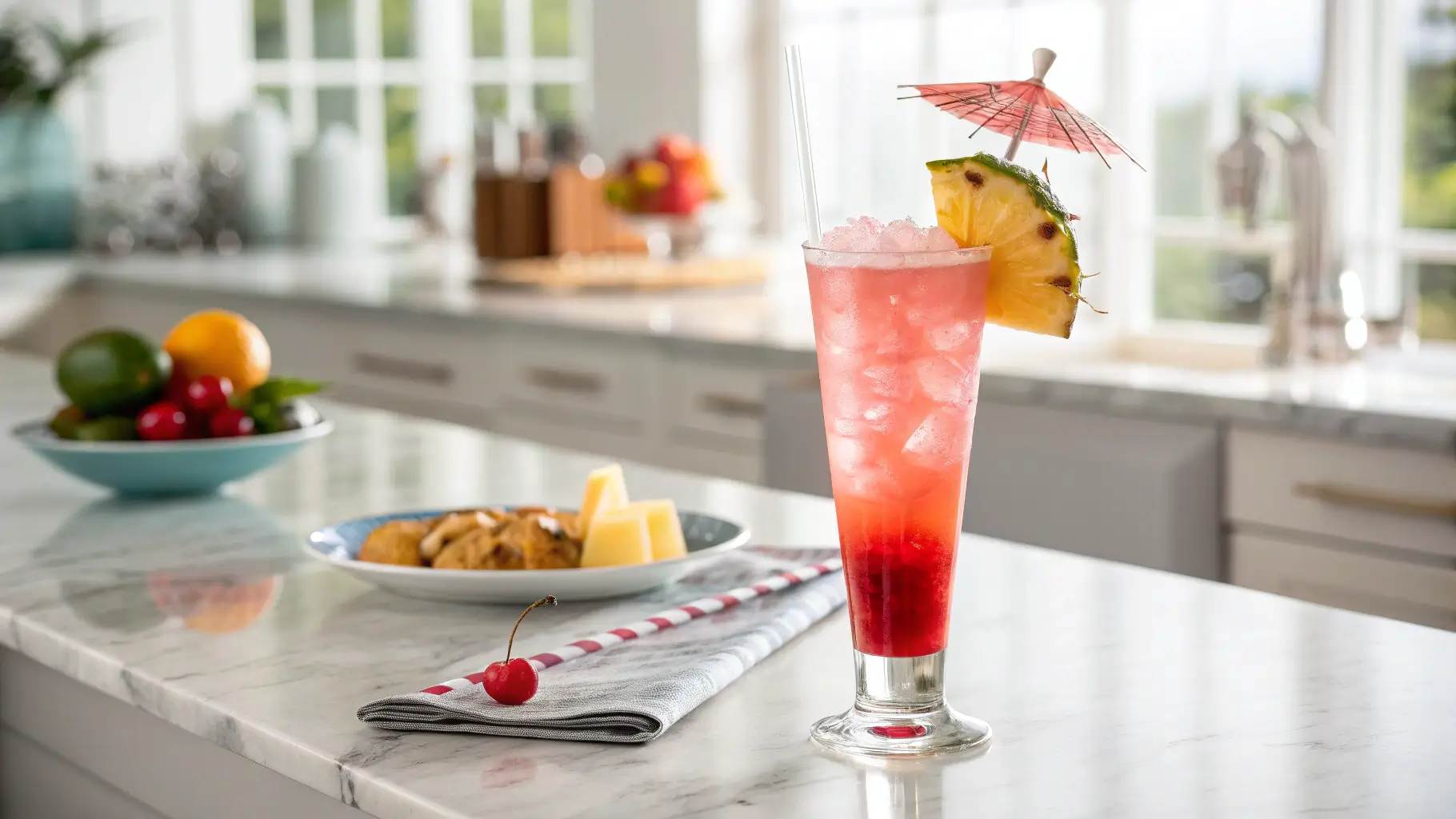 A finished Singapore Sling cocktail with pineapple, cherry, and umbrella garnish in a modern kitchen setting.