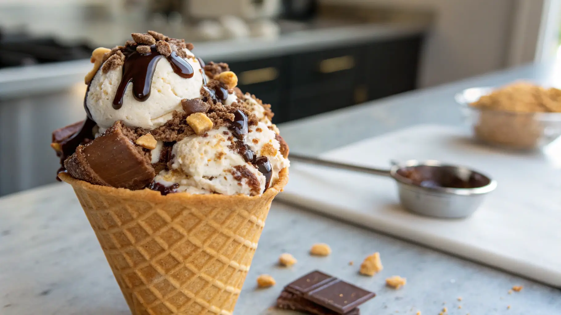 A waffle cone filled with S’mores Ice Cream topped with marshmallows, chocolate chunks, graham crackers, and drizzled chocolate.