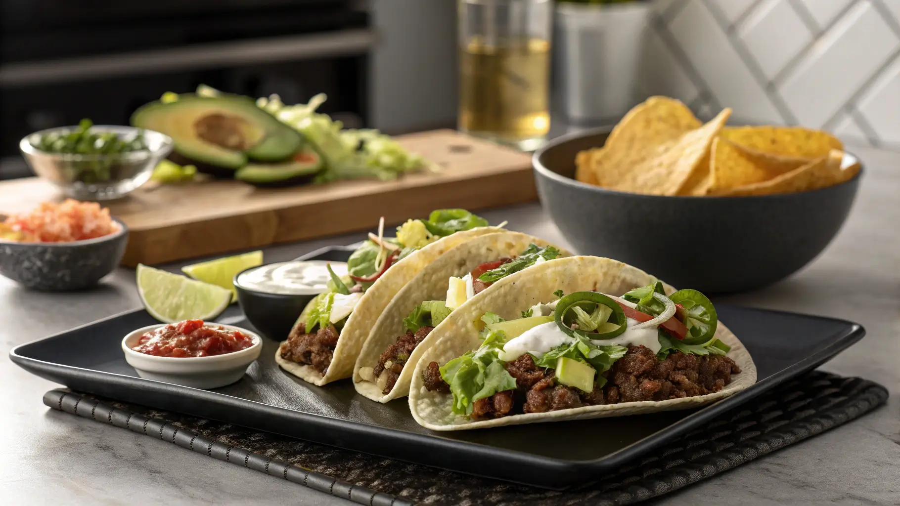 Plated Spicy Beef Tacos with beef, lettuce, onions, cheese, avocado, and sour cream, served with salsa and lime in a modern kitchen.