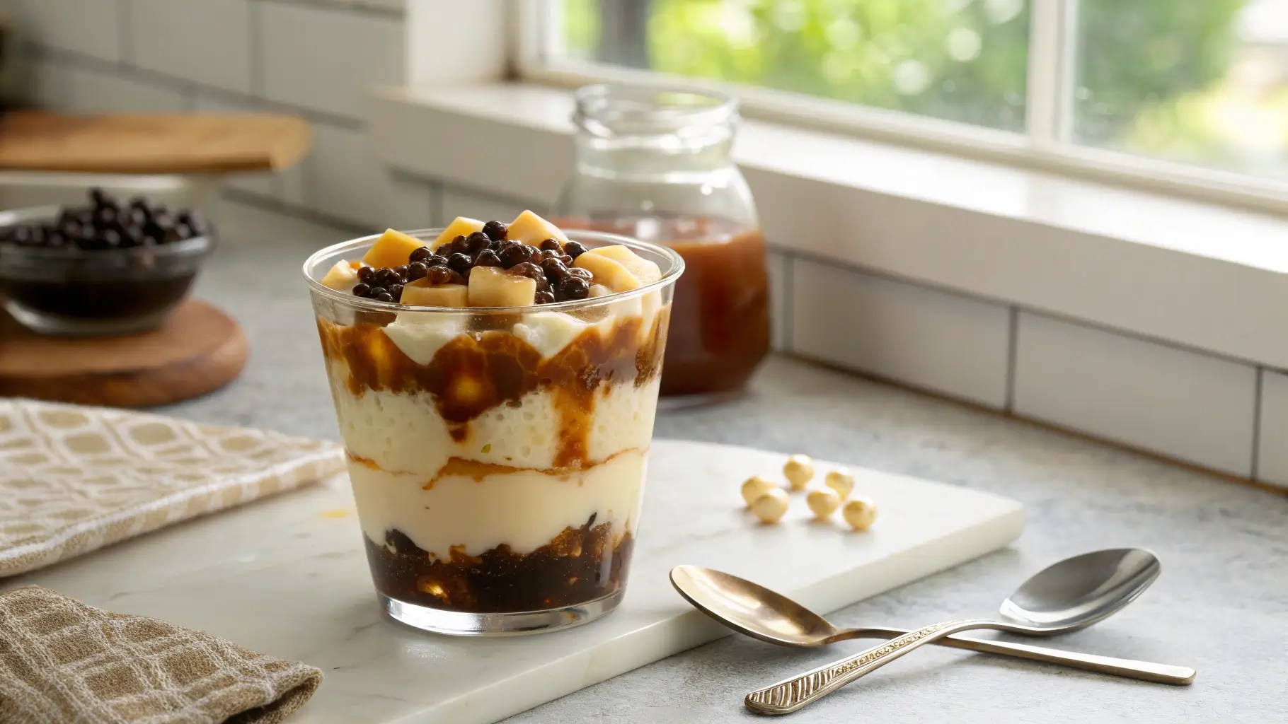 A clear glass of Filipino Taho dessert with tofu, syrup, and pearls on a modern kitchen counter.