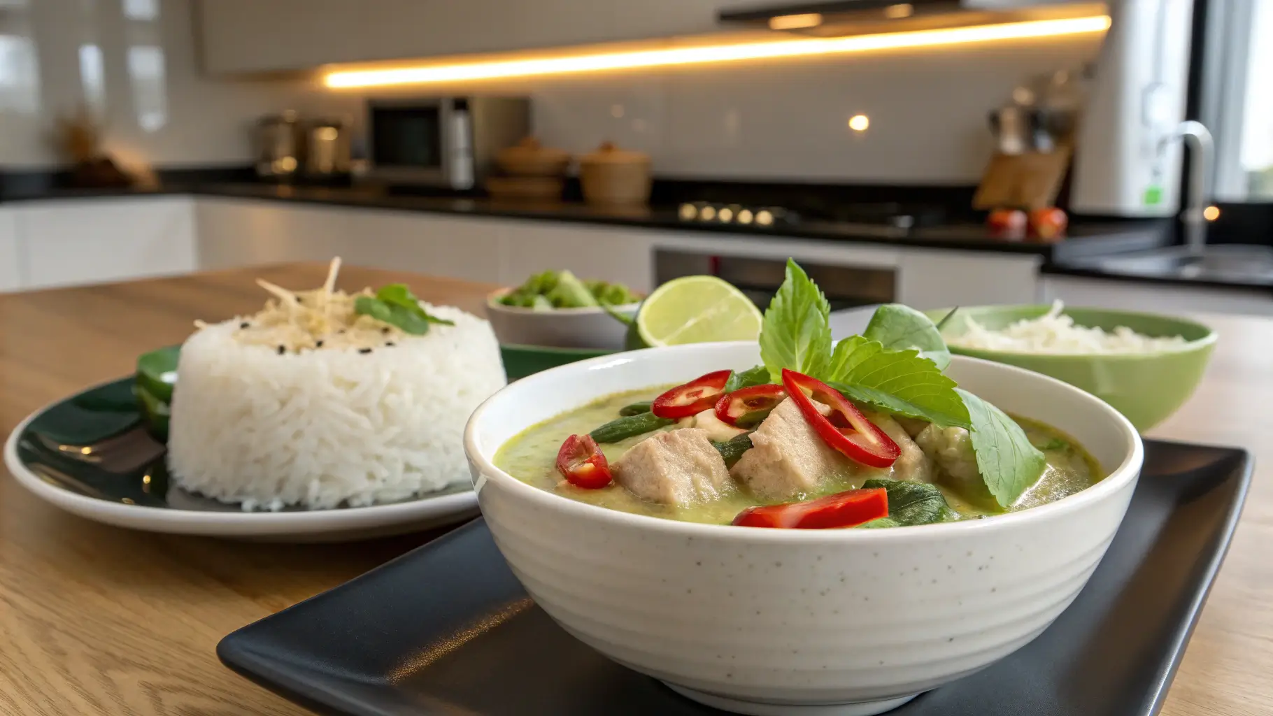 Thai Green Curry Chicken plated with jasmine rice, garnished with basil and chilies, in a modern kitchen setting.