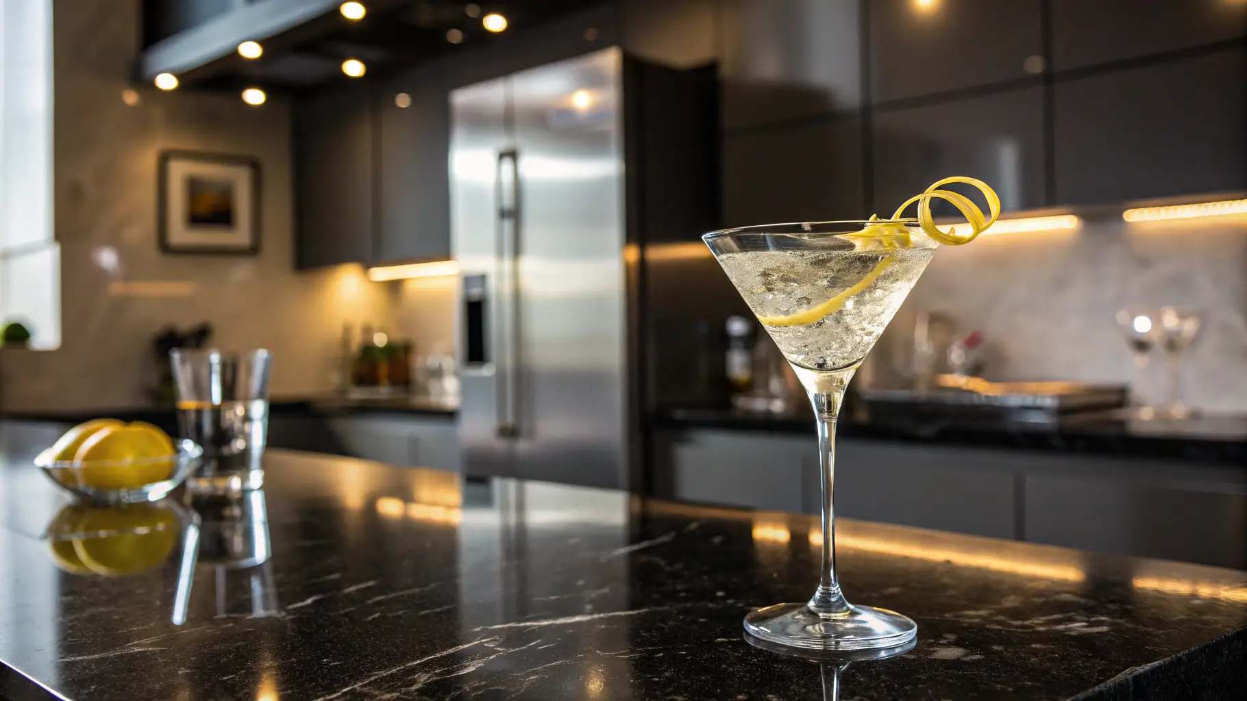 A Vesper Martini in a martini glass with a lemon twist, beautifully styled on a glossy counter in a modern kitchen.