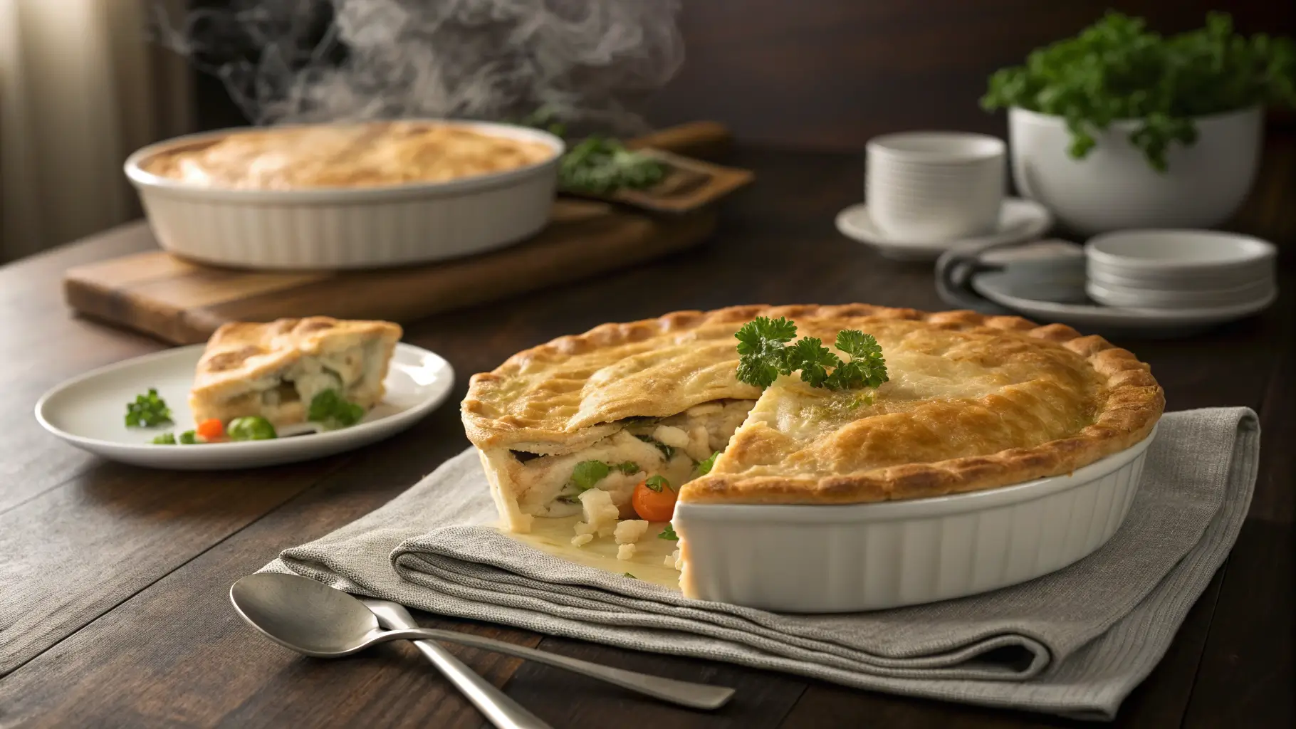 A golden baked chicken pot pie with steam rising from a slice, served in a modern kitchen.