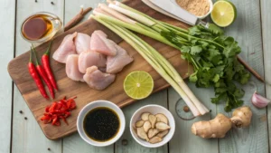 Fresh ingredients for Vietnamese Lemongrass Chicken including chicken thighs, lemongrass stalks, garlic, chili, lime, and herbs on a wooden surface.
