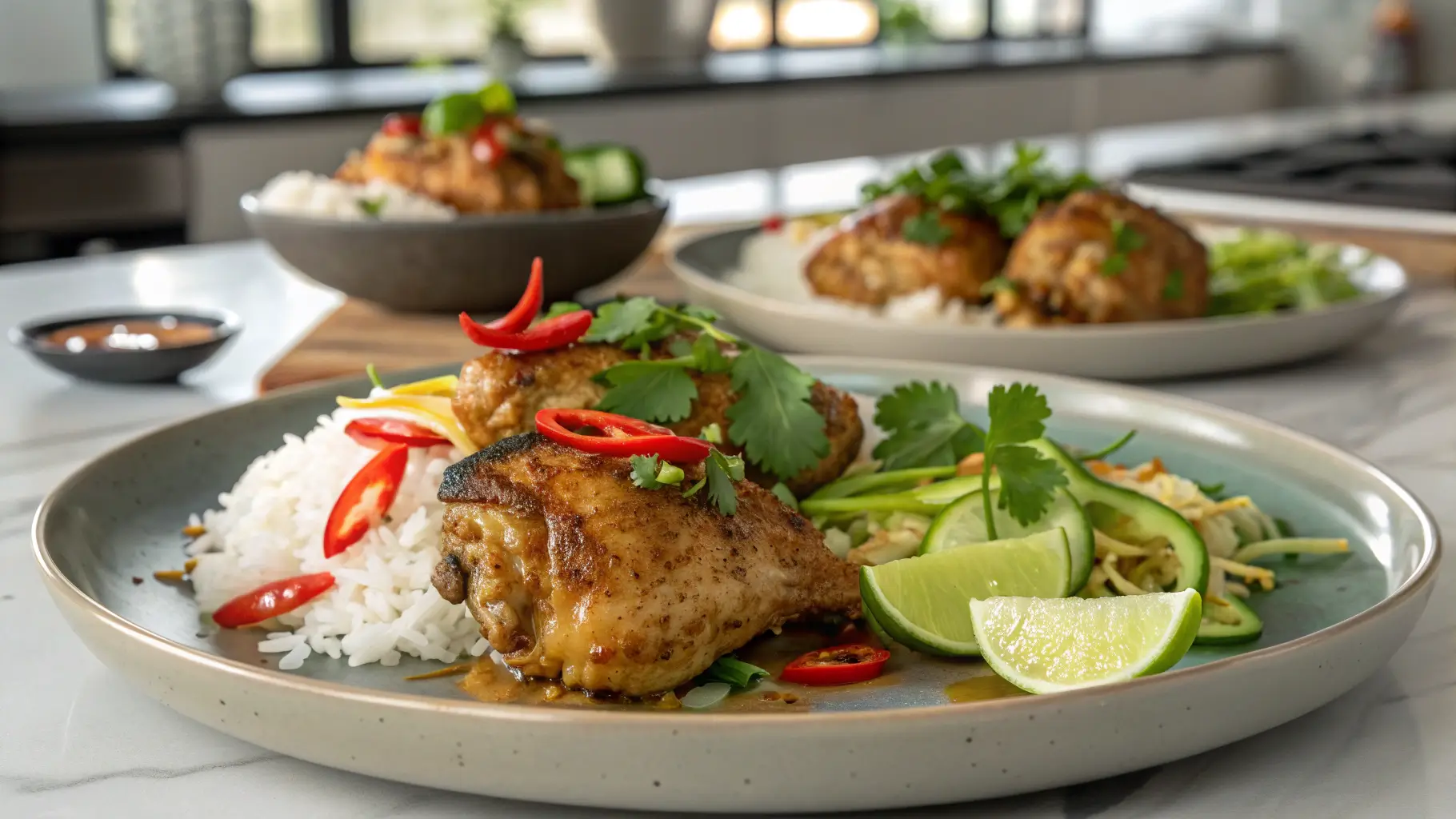 Plated Vietnamese Lemongrass Chicken with jasmine rice, pickled vegetables, lime, and fresh herbs in a modern kitchen.